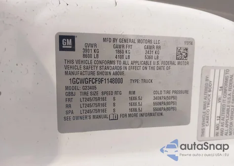 2015 Chevrolet Express 2500 Work Van from USA, damaged, VIN 1GCWGFCF9F1148000